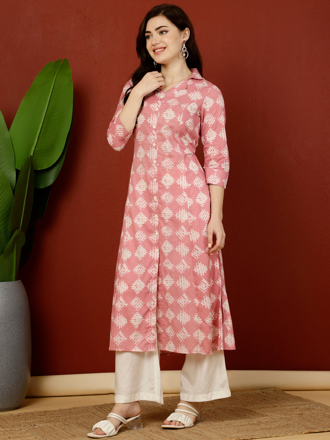 Cotton Calf Length A-Line 3/4 Sleeves Shirt Coller Kurta