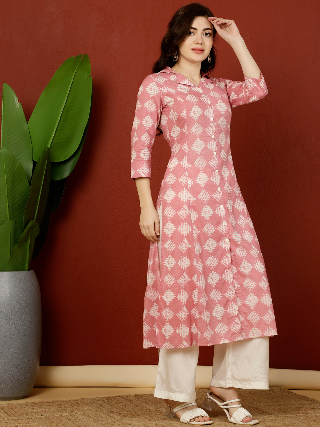 Cotton Calf Length A-Line 3/4 Sleeves Shirt Coller Kurta