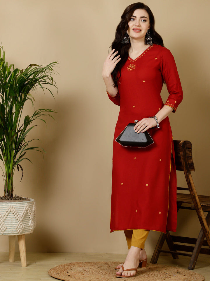 Rayon Calf Length Straight 3/4 Sleeves Round Kurta