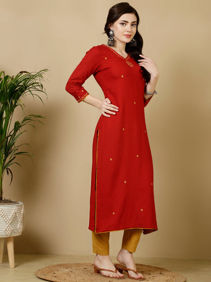 Rayon Calf Length Straight 3/4 Sleeves Round Kurta
