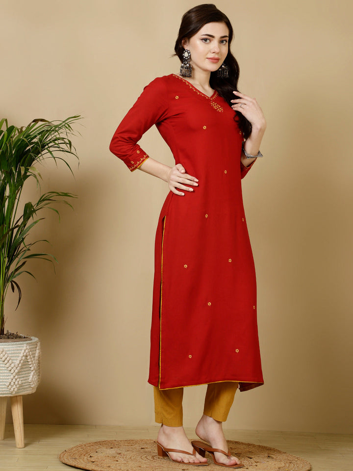 Rayon Calf Length Straight 3/4 Sleeves Round Kurta