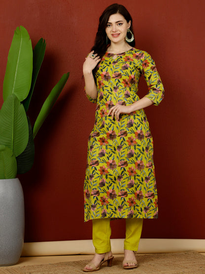 Cotton Calf Length Straight 3/4 Sleeves Key Hole Kurta