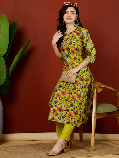 Cotton Calf Length Straight 3/4 Sleeves Key Hole Kurta
