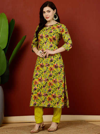 Cotton Calf Length Straight 3/4 Sleeves Key Hole Kurta