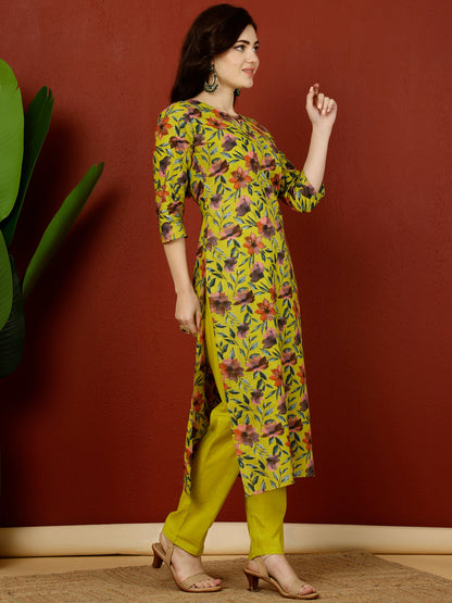 Cotton Calf Length Straight 3/4 Sleeves Key Hole Kurta
