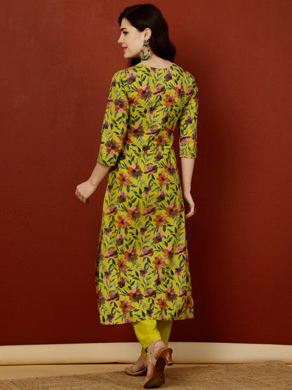 Cotton Calf Length Straight 3/4 Sleeves Key Hole Kurta