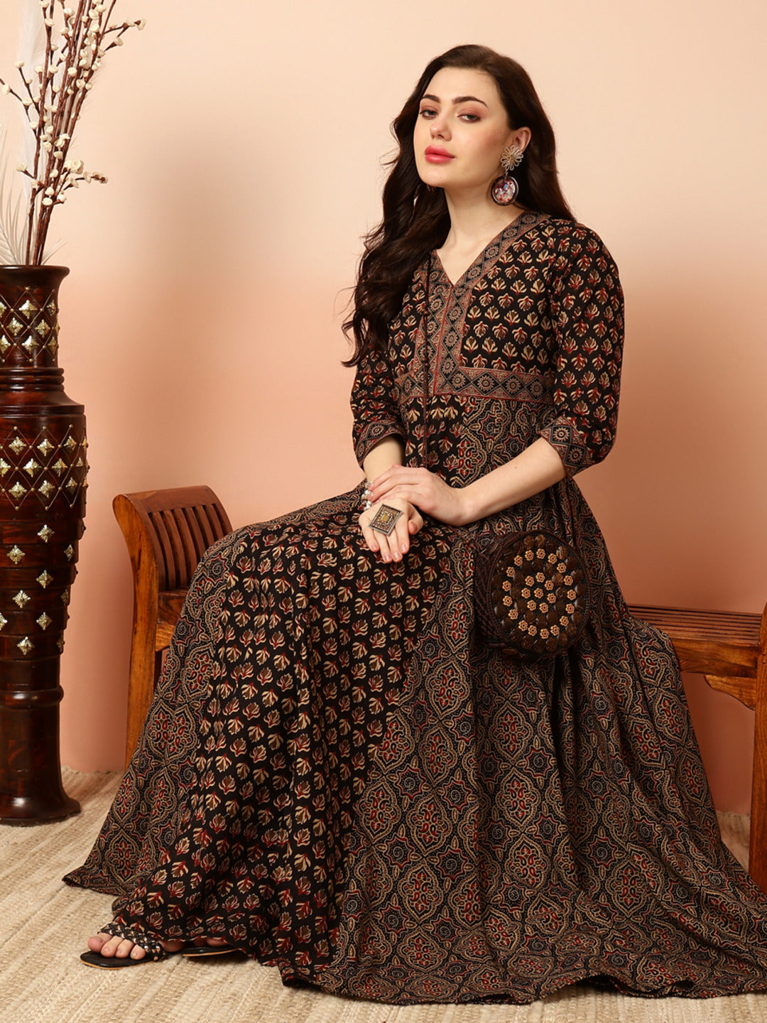 Cotton Ankle Length Flared 3/4 Sleeves V Kurta