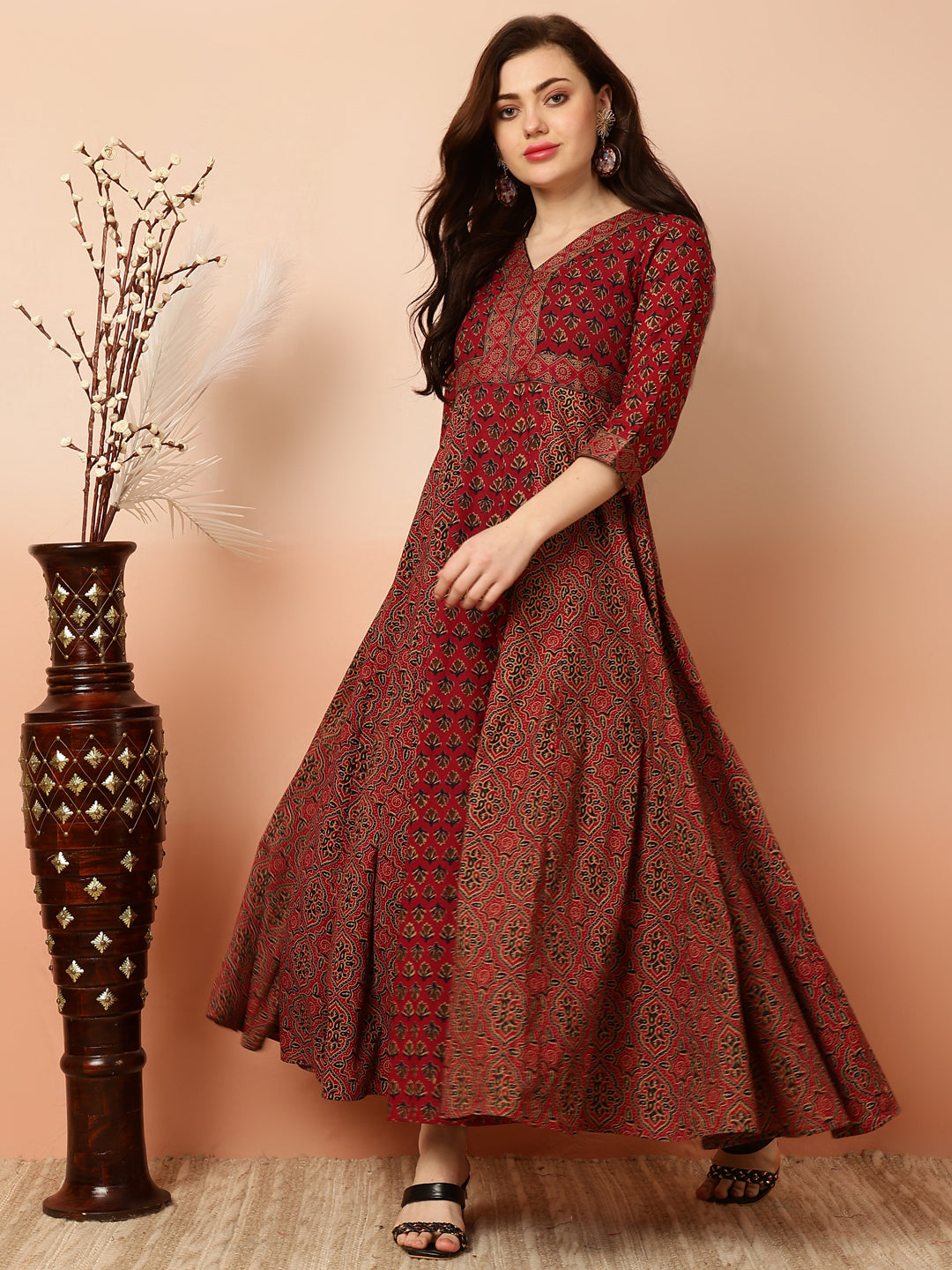 Cotton Ankle Length Flared 3/4 Sleeves V Kurta