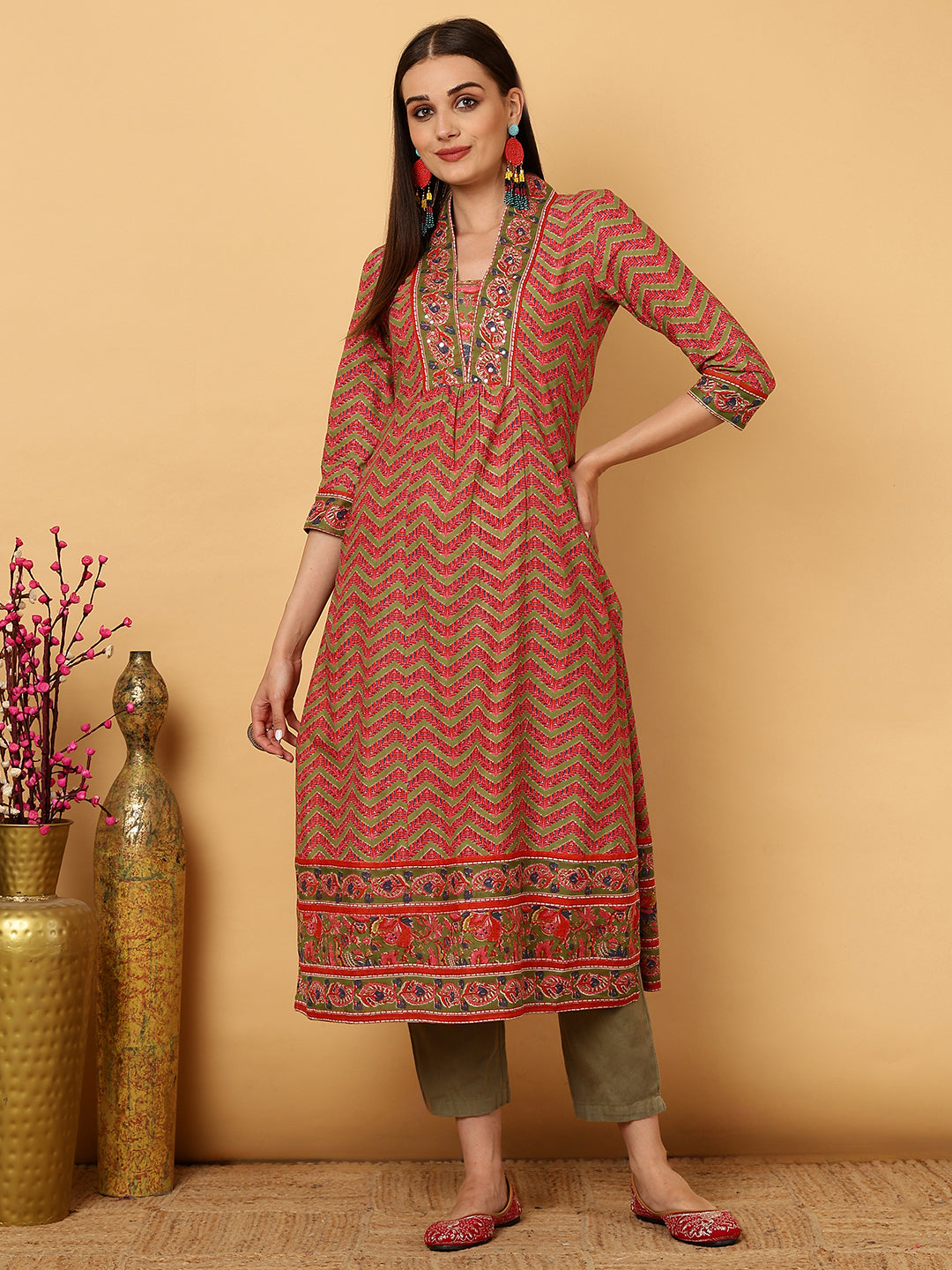 Cotton Calf Length Strips A-Line 3/4 Sleeves V Kurta
