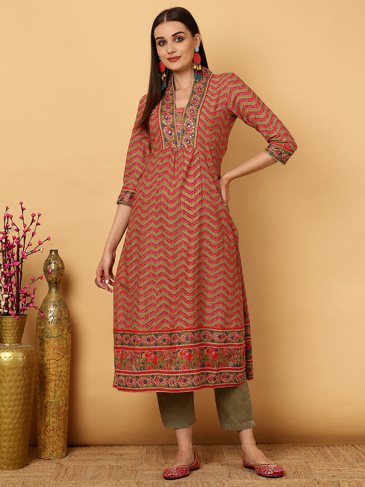 Cotton Calf Length Strips A-Line 3/4 Sleeves V Kurta