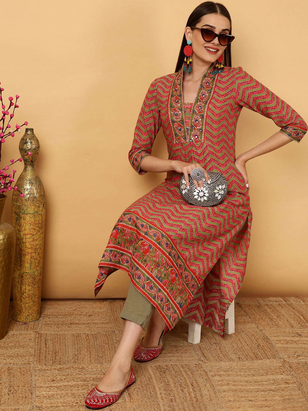 Cotton Calf Length Strips A-Line 3/4 Sleeves V Kurta