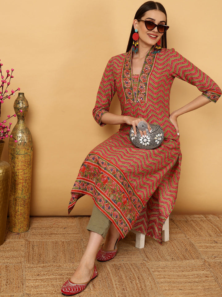 Cotton Calf Length Strips A-Line 3/4 Sleeves V Kurta