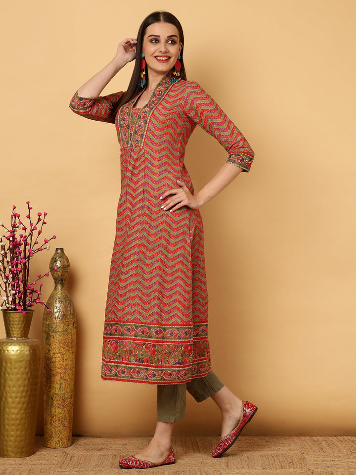 Cotton Calf Length Strips A-Line 3/4 Sleeves V Kurta