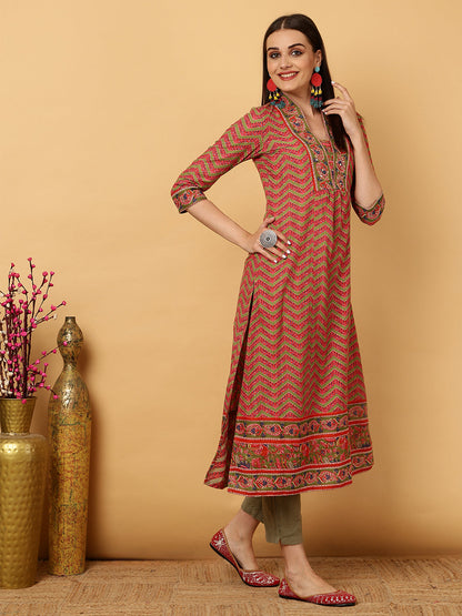 Cotton Calf Length Strips A-Line 3/4 Sleeves V Kurta