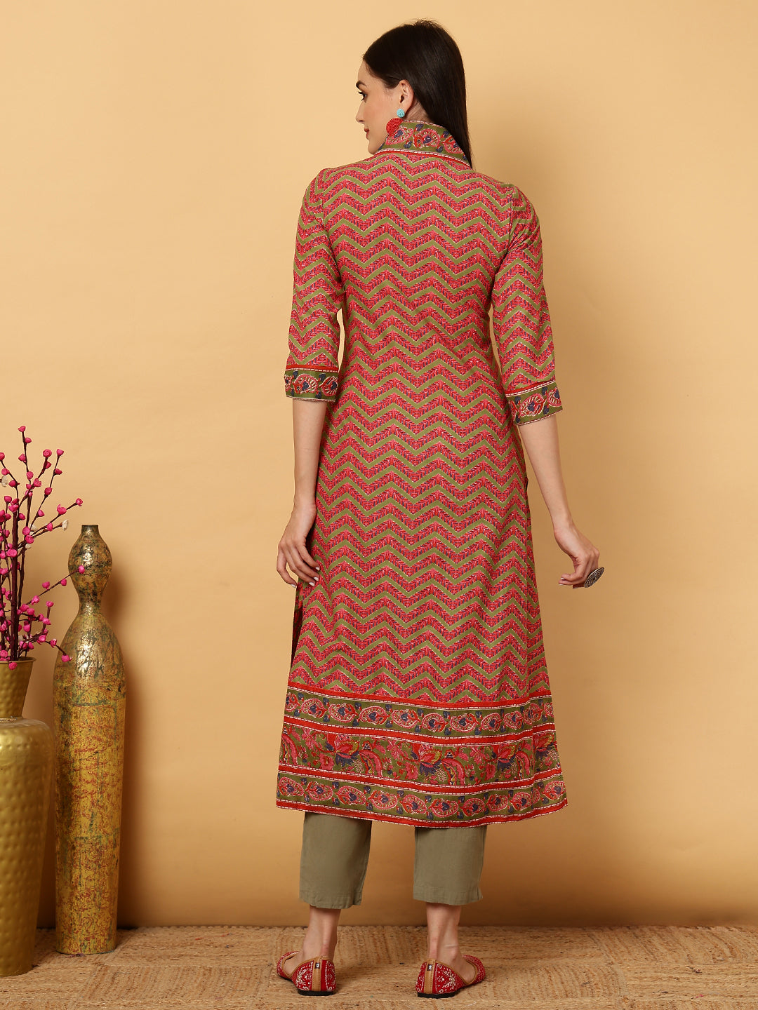 Cotton Calf Length Strips A-Line 3/4 Sleeves V Kurta