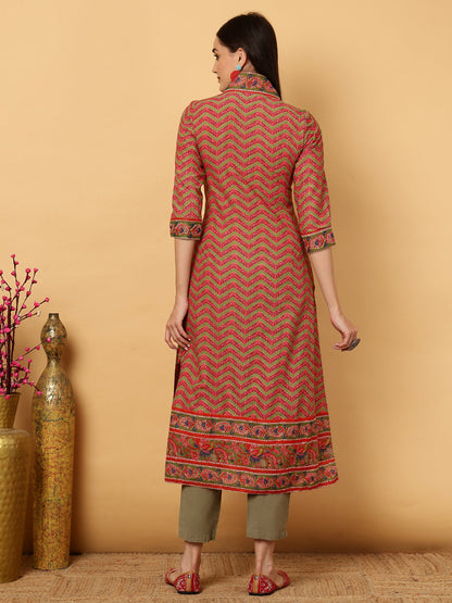 Cotton Calf Length Strips A-Line 3/4 Sleeves V Kurta