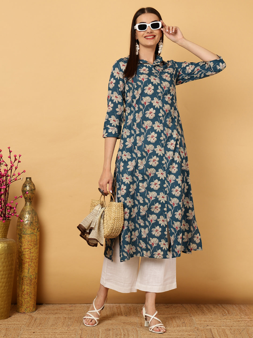 Gulmohar Jaipur teal rayon floral kurta – wholesale manufacturer &amp; exporter from India