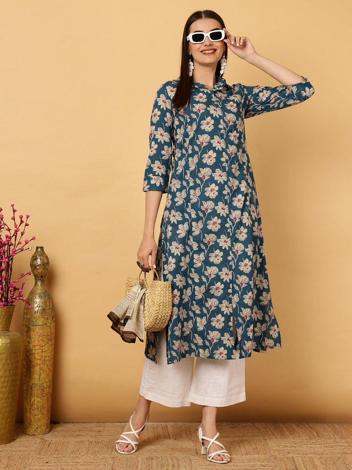 Gulmohar Jaipur teal rayon floral kurta – wholesale manufacturer &amp; exporter from India