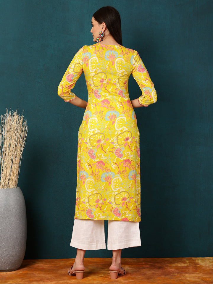 Rayon Calf Length Floral Straight 3/4 Sleeves V  Kurta