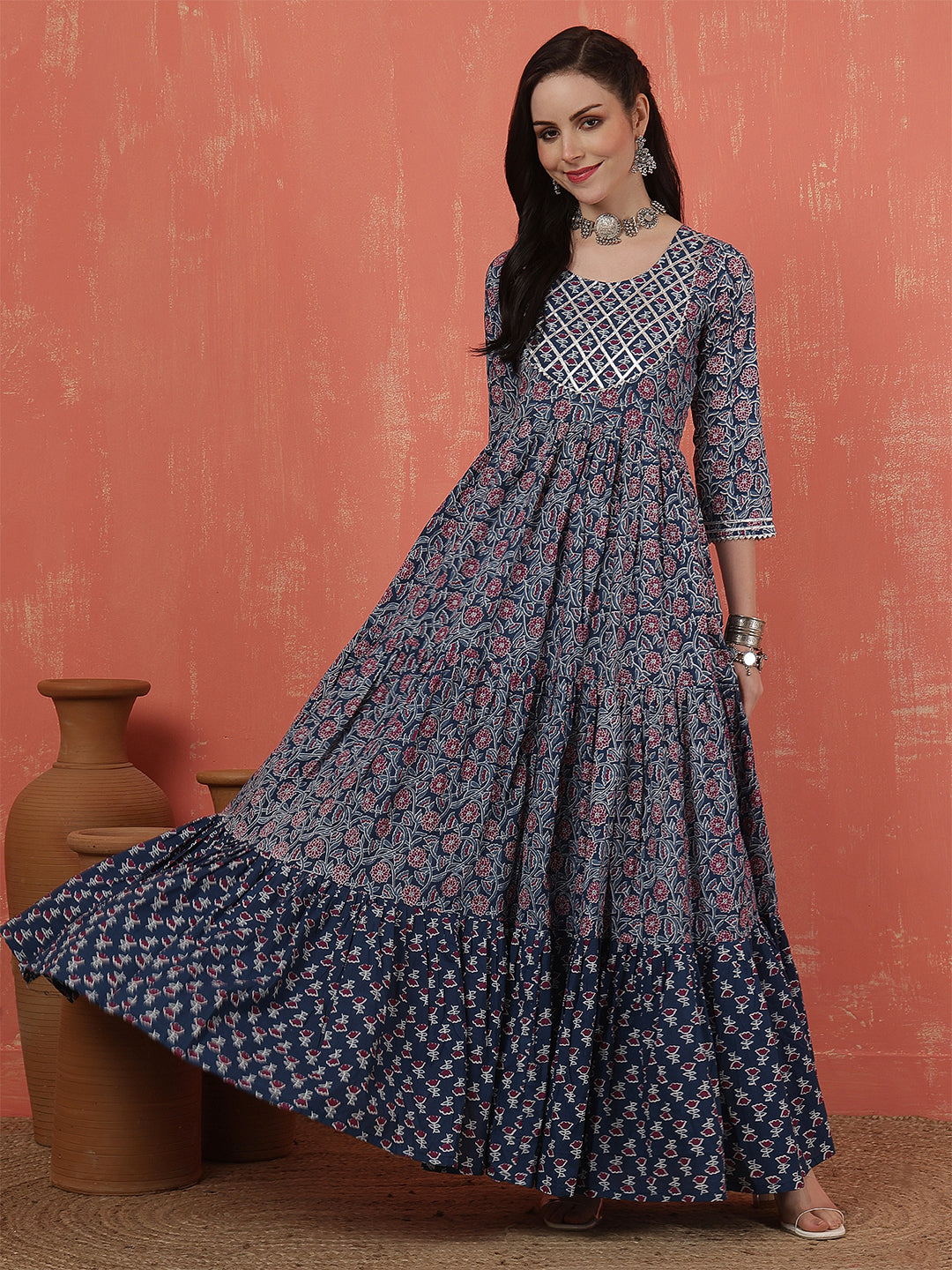 Women Rayon Printed Ankle Length Round Neck Tiered Kurta