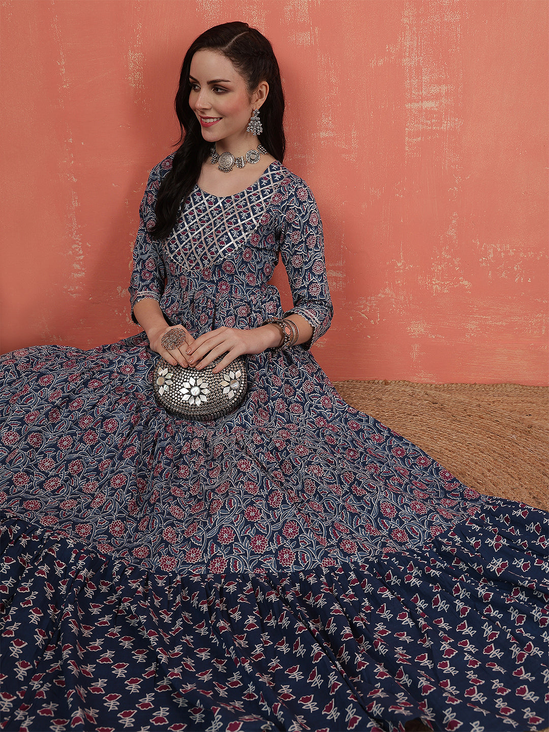 Women Rayon Printed Ankle Length Round Neck Tiered Kurta
