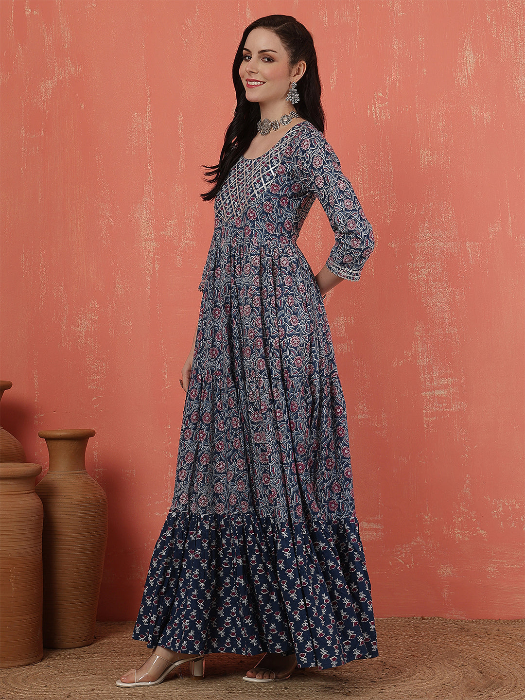 Women Rayon Printed Ankle Length Round Neck Tiered Kurta