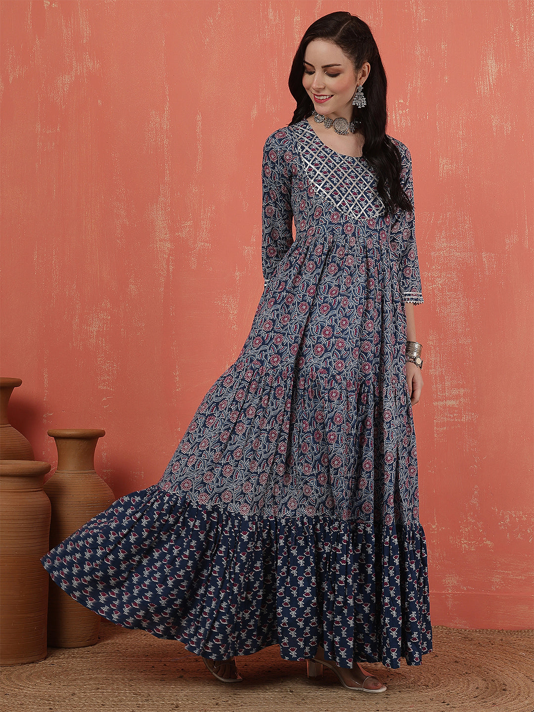 Women Rayon Printed Ankle Length Round Neck Tiered Kurta