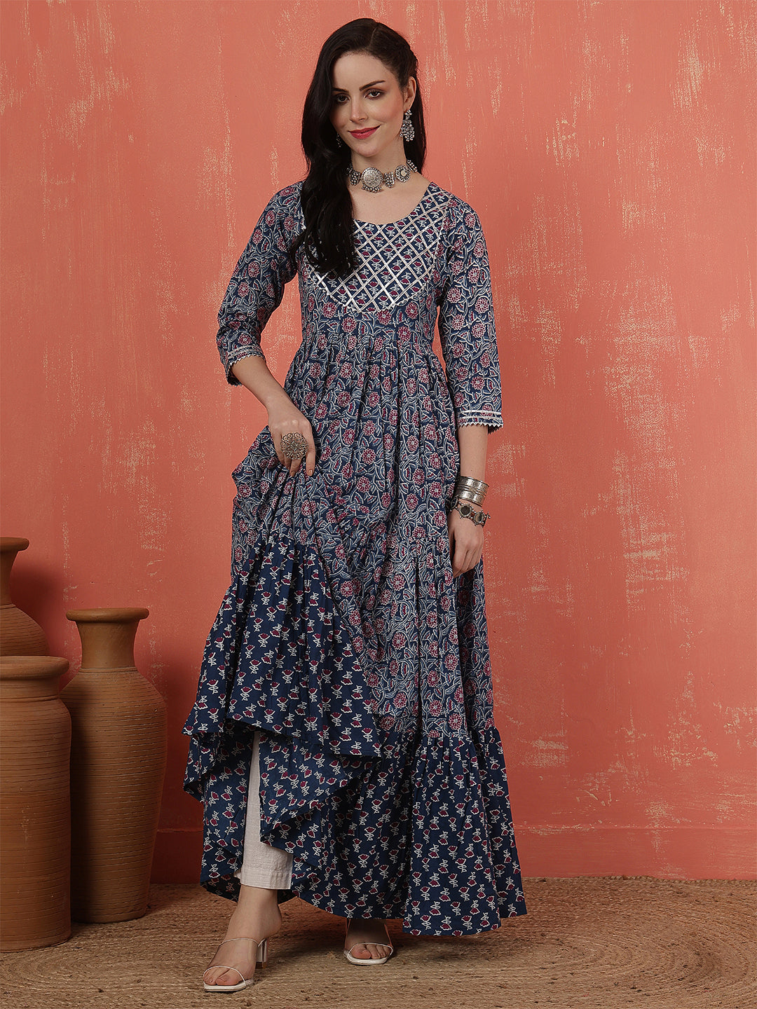 Women Rayon Printed Ankle Length Round Neck Tiered Kurta