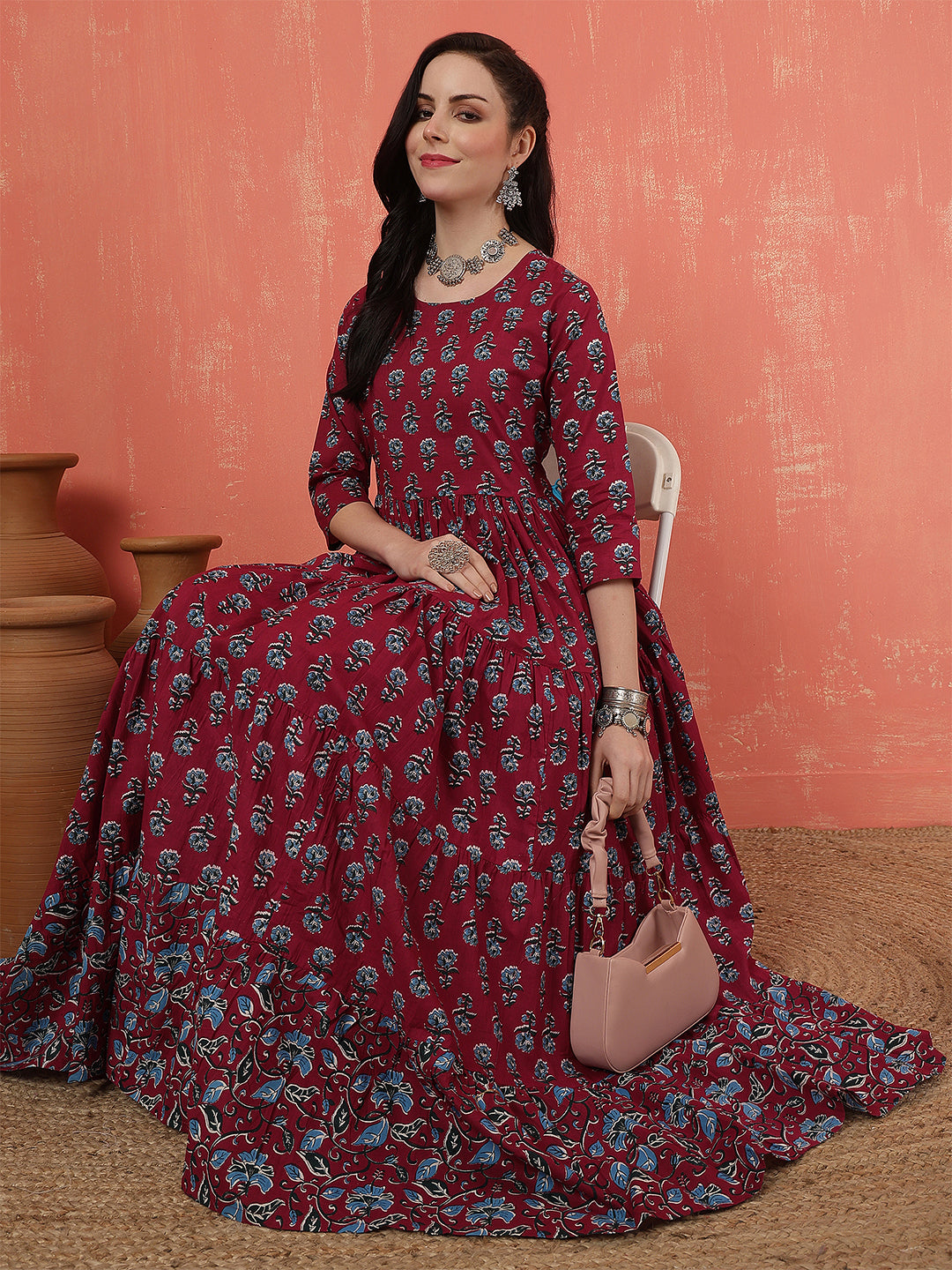 Women Rayon Printed Ankle Length Round Neck Tiered Kurta