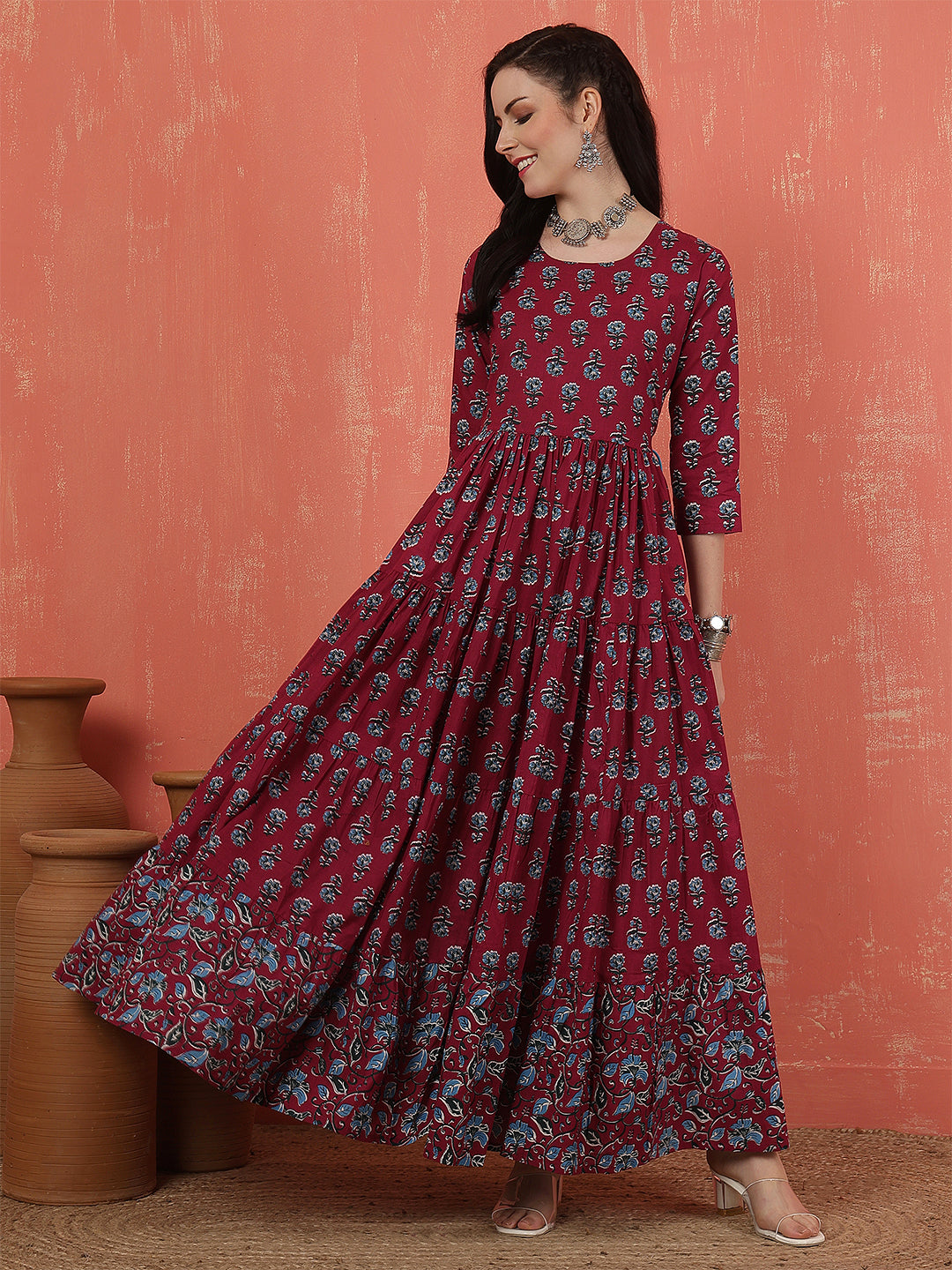 Women Rayon Printed Ankle Length Round Neck Tiered Kurta