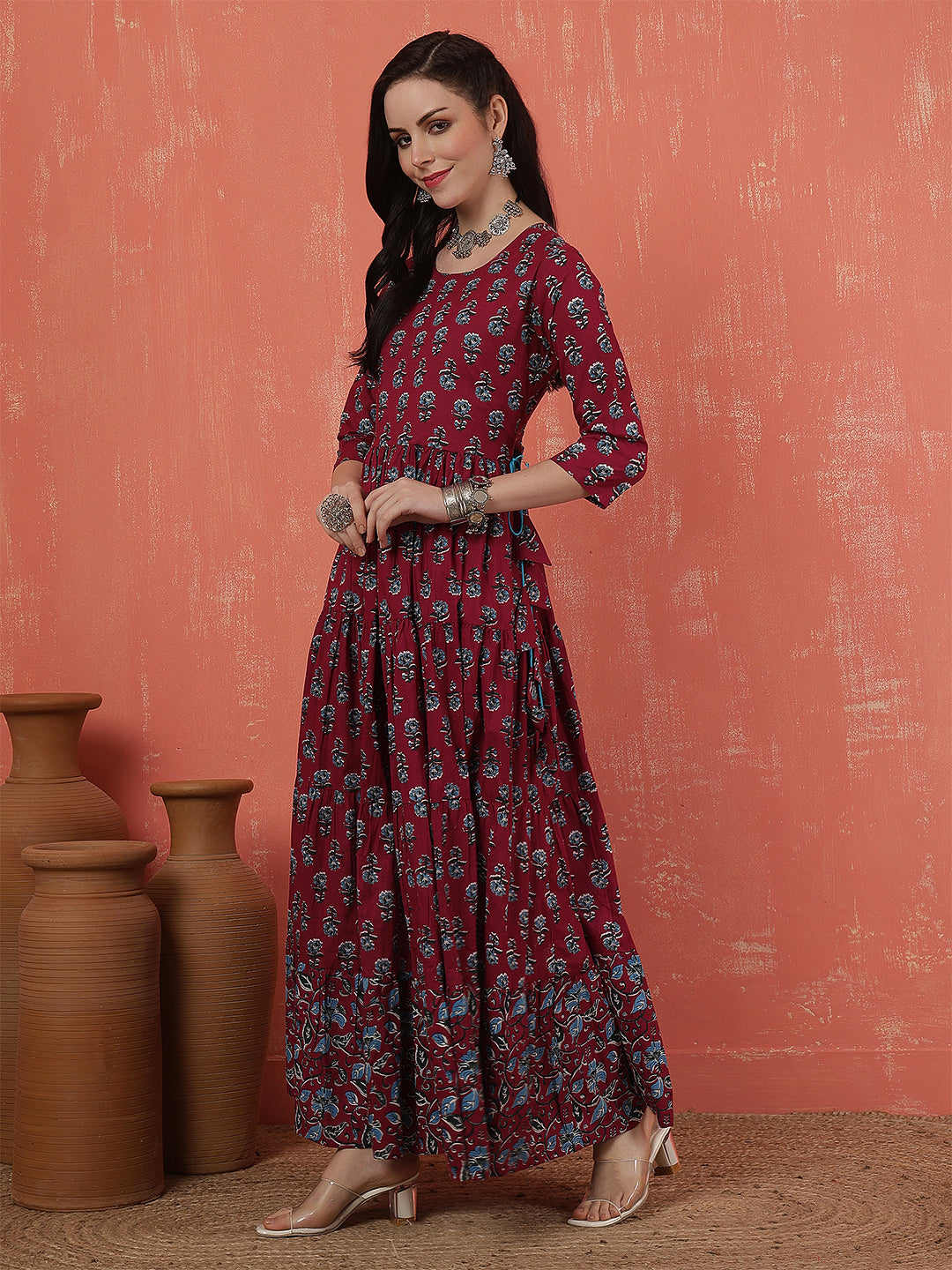 Women Rayon Printed Ankle Length Round Neck Tiered Kurta