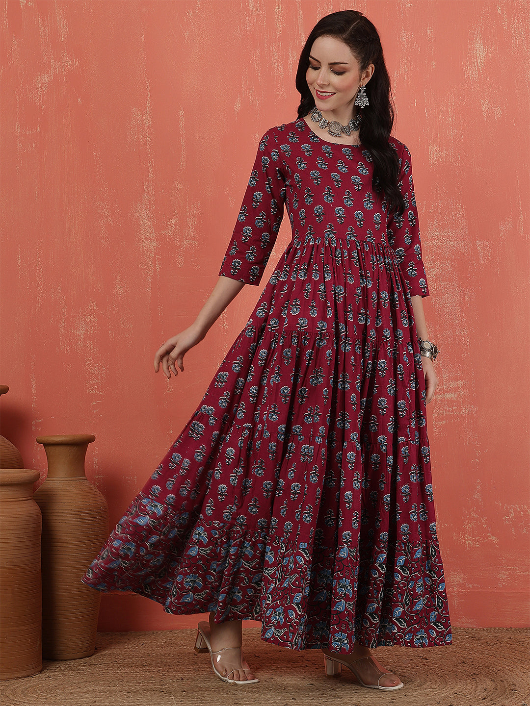 Women Rayon Printed Ankle Length Round Neck Tiered Kurta