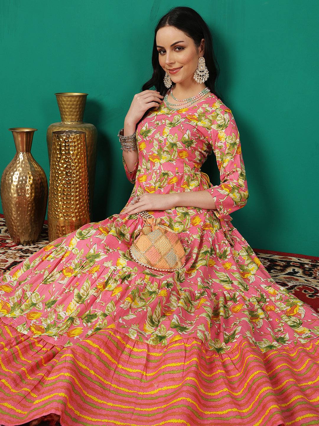 Women Rayon Printed Ankle Length Round Neck Tiered Kurta