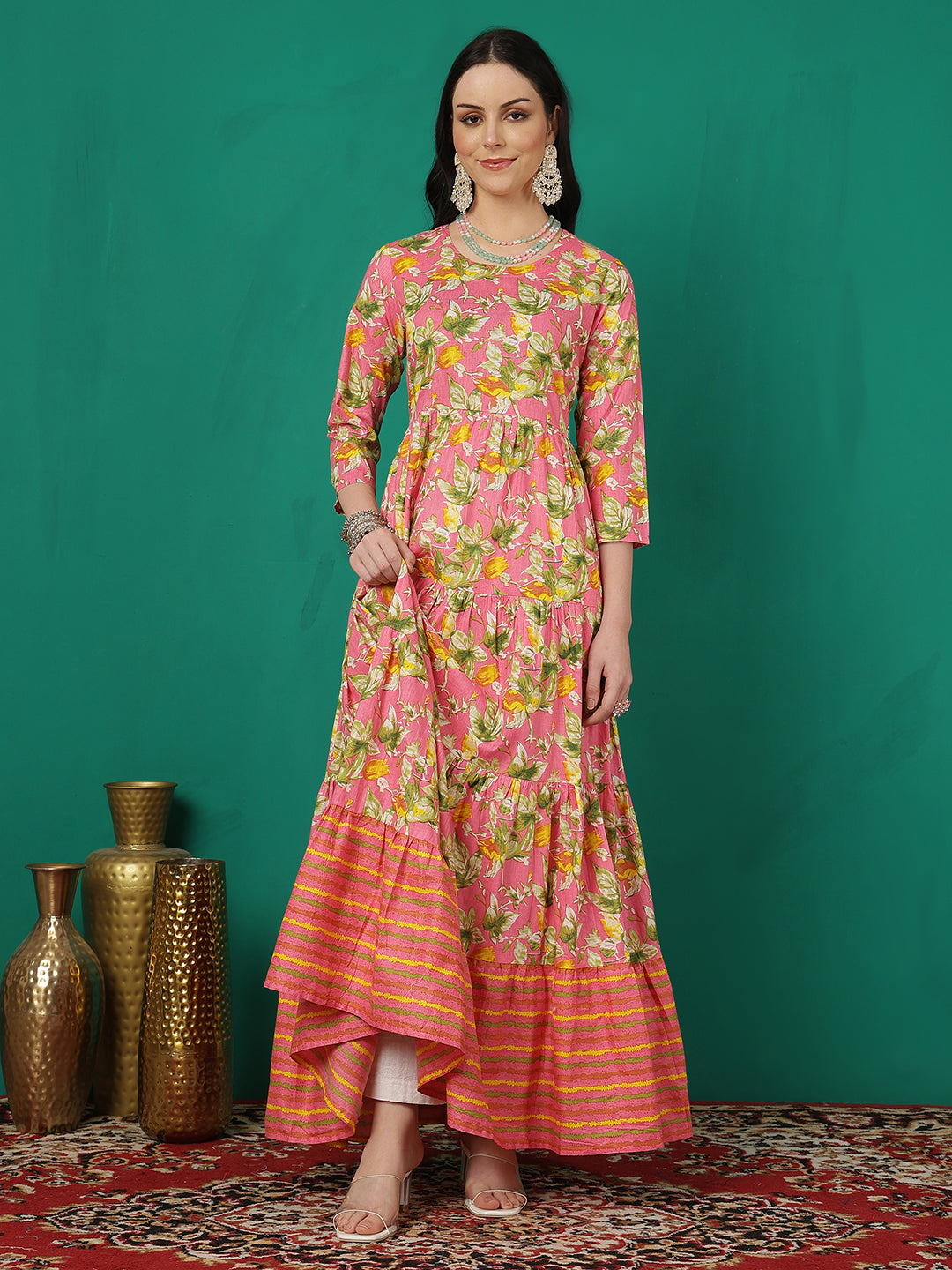 Women Rayon Printed Ankle Length Round Neck Tiered Kurta