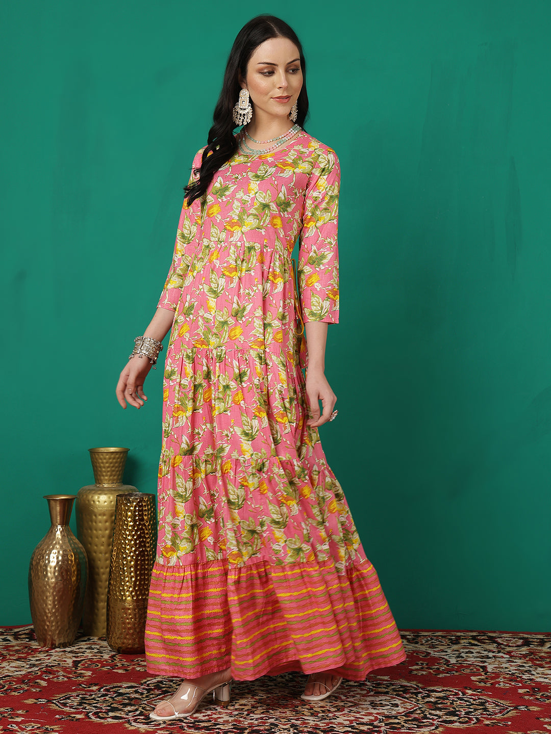 Women Rayon Printed Ankle Length Round Neck Tiered Kurta