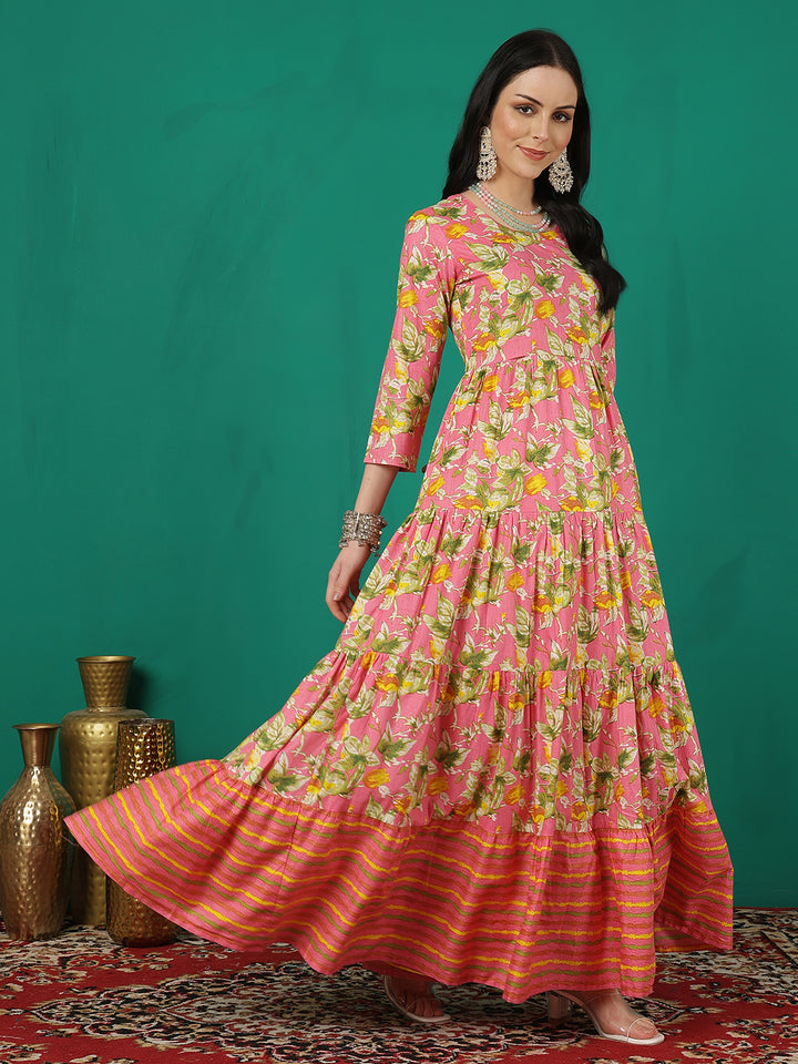 Women Rayon Printed Ankle Length Round Neck Tiered Kurta