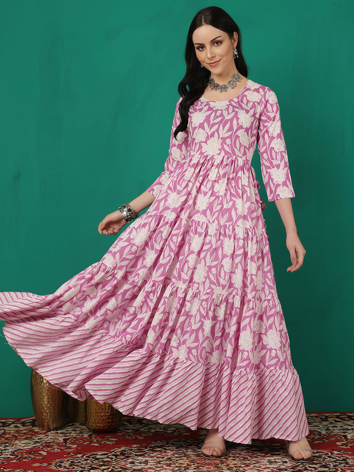 Women Rayon Printed Ankle Length Round Neck Tiered Kurta