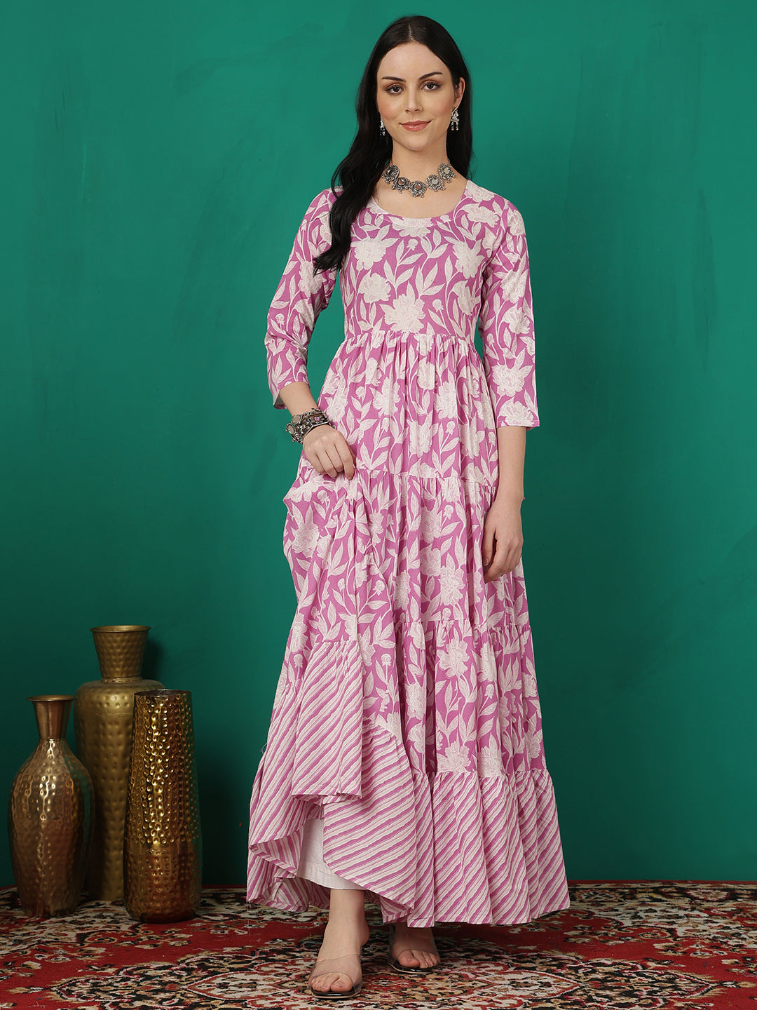 Women Rayon Printed Ankle Length Round Neck Tiered Kurta
