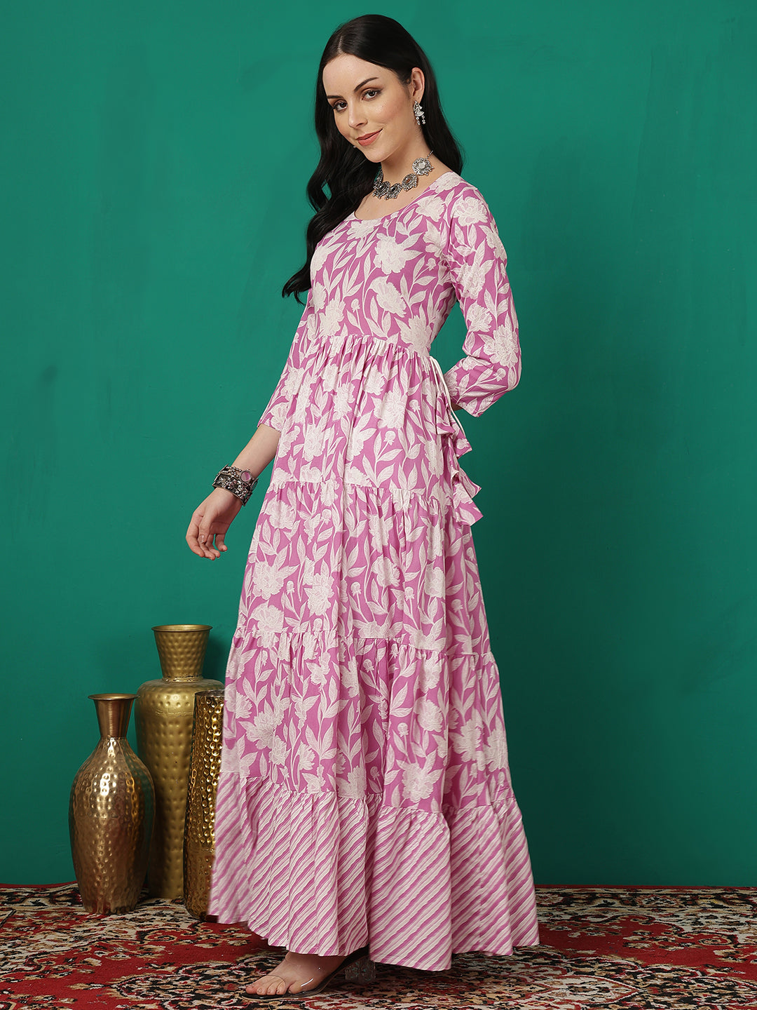 Women Rayon Printed Ankle Length Round Neck Tiered Kurta