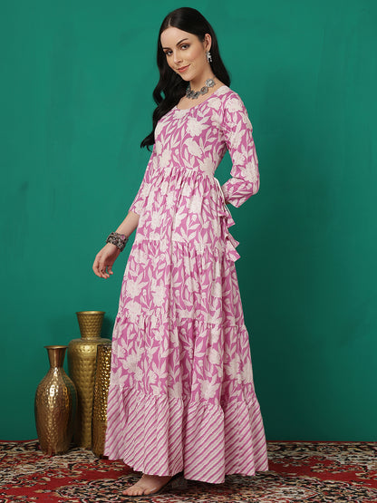 Women Rayon Printed Ankle Length Round Neck Tiered Kurta