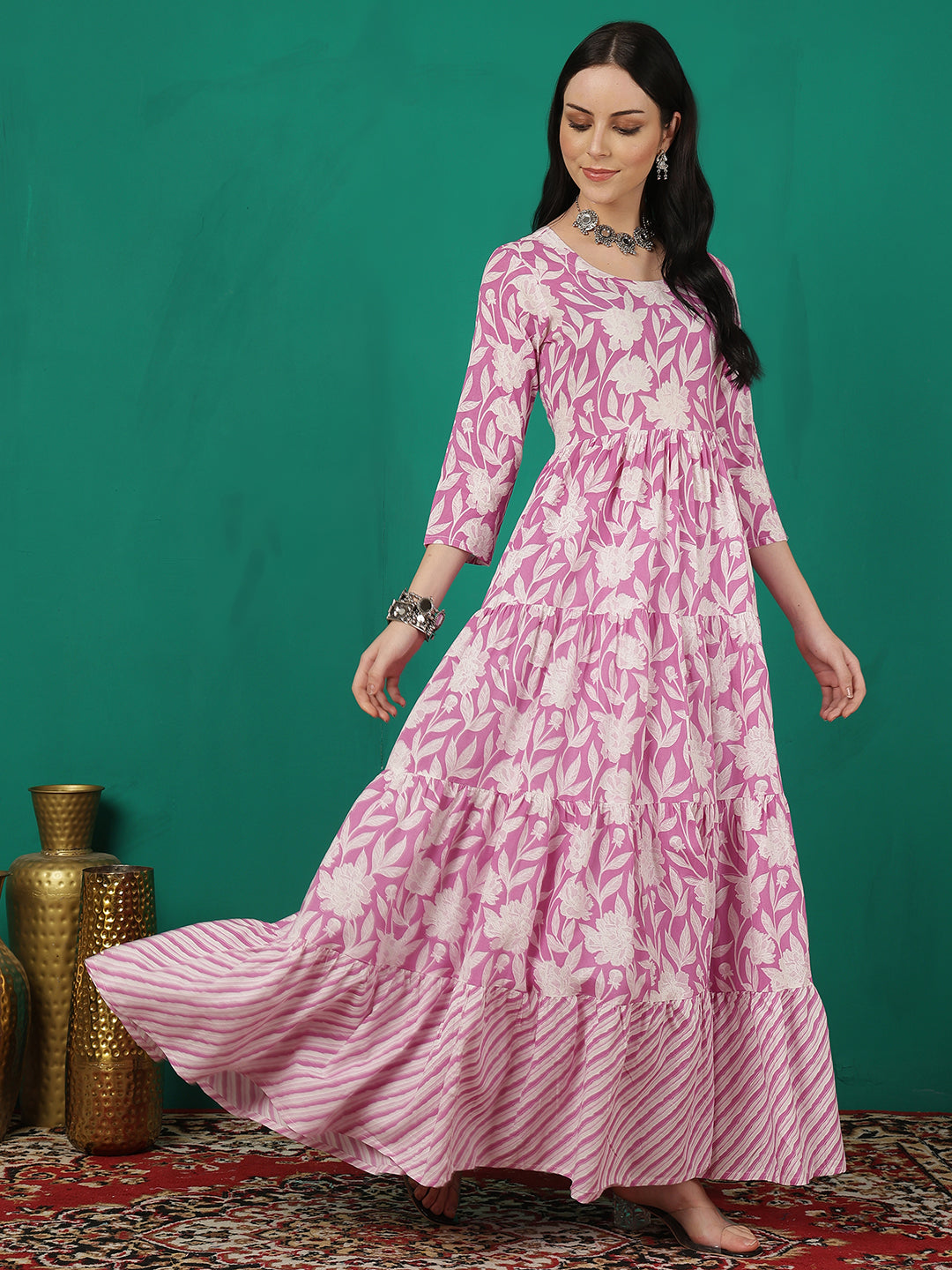 Women Rayon Printed Ankle Length Round Neck Tiered Kurta