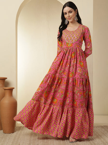 Women Rayon Printed Ankle Length Round Neck Tiered Kurta