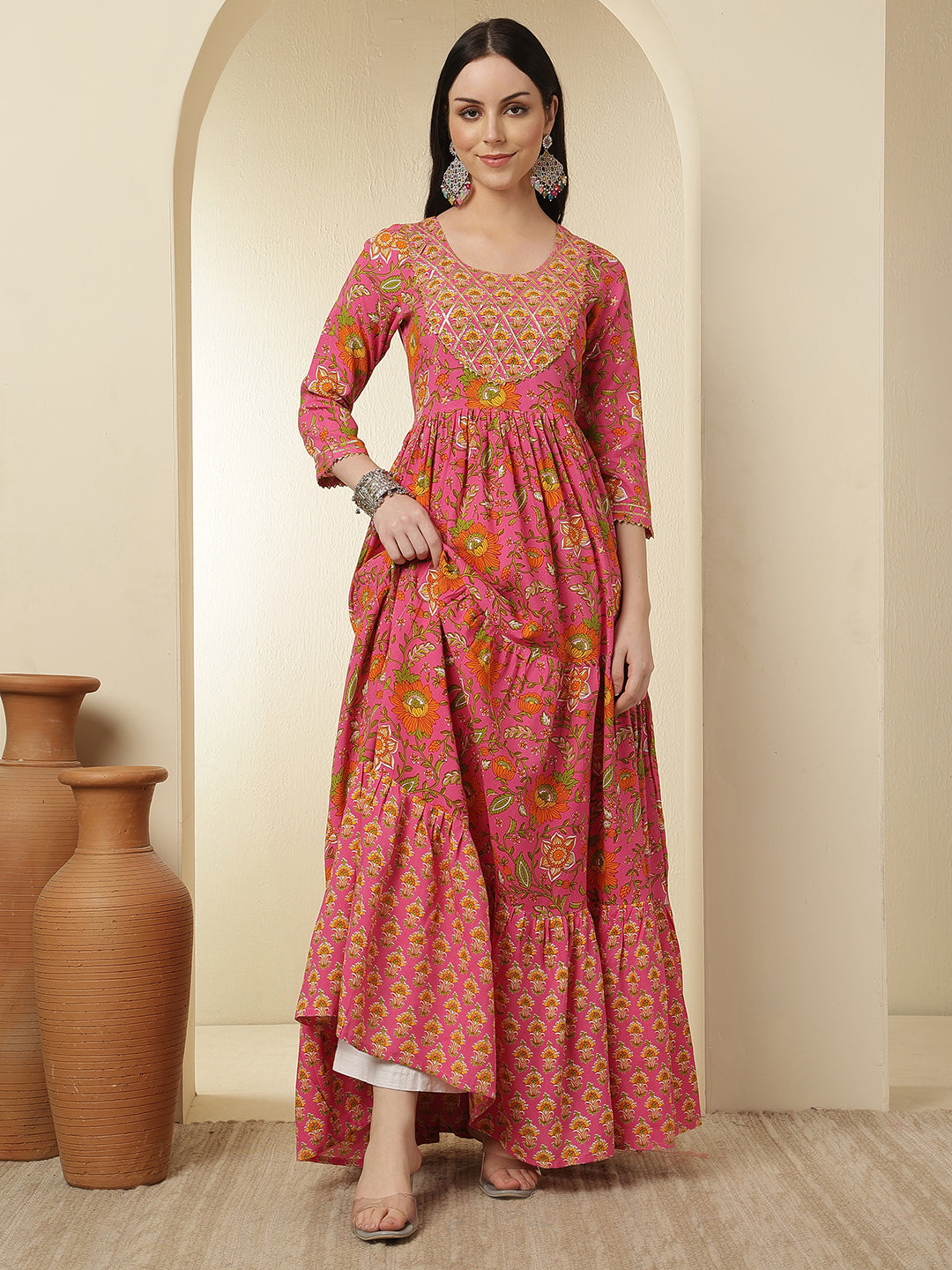 Women Rayon Printed Ankle Length Round Neck Tiered Kurta