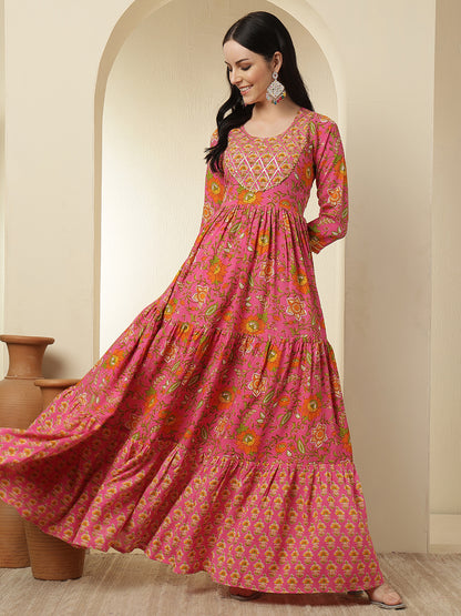 Women Rayon Printed Ankle Length Round Neck Tiered Kurta