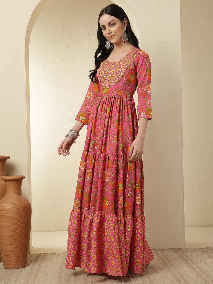 Women Rayon Printed Ankle Length Round Neck Tiered Kurta