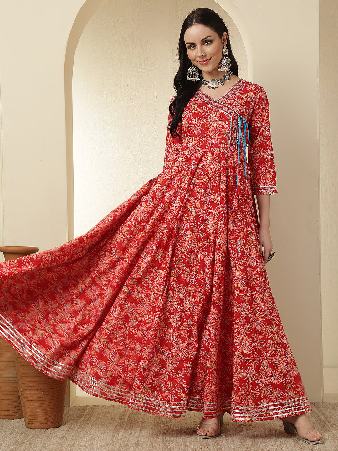 Women Rayon Printed Ankle Length Round Neck Anarkali Kurta