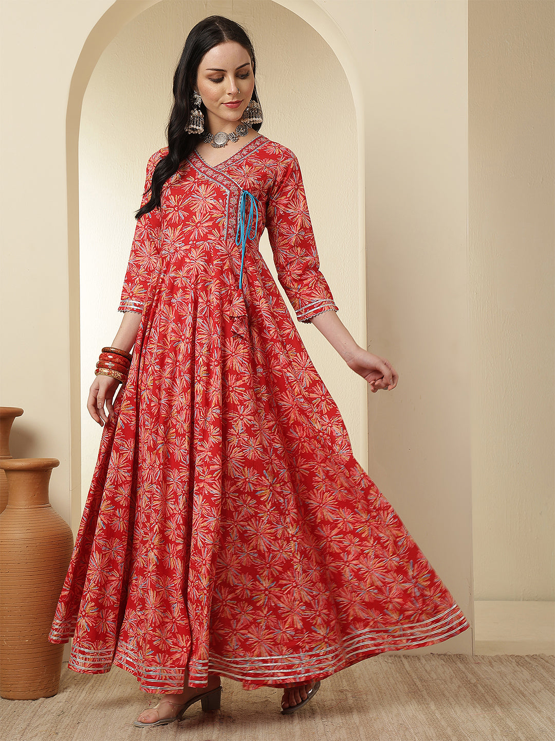 Women Rayon Printed Ankle Length Round Neck Anarkali Kurta