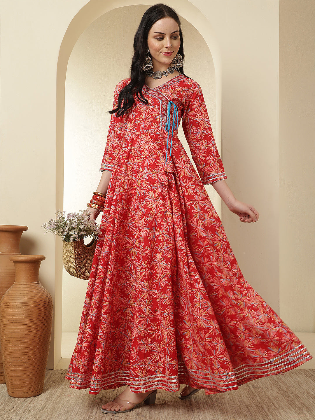 Women Rayon Printed Ankle Length Round Neck Anarkali Kurta