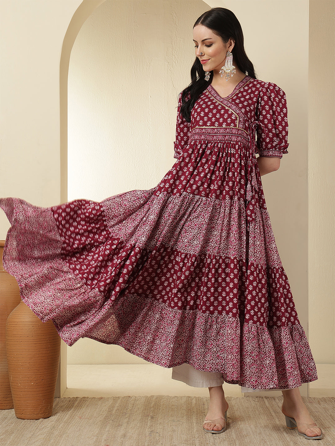 Women Rayon Printed Ankle Length Short Sleeve Round Neck Tiered Kurta