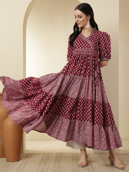 Women Rayon Printed Ankle Length Short Sleeve Round Neck Tiered Kurta